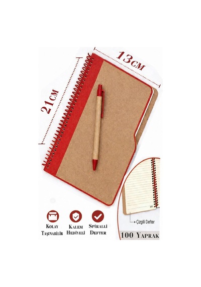 Sert Kapak Çizgili Defter 100 Yaprak 1 Adet Kalem Hediyeli Lastikli Defter Spiralli Günlük Defteri Kırmızı