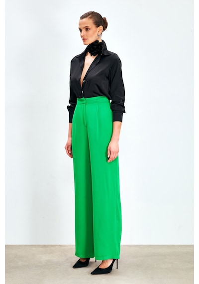Sateen Pileli Krep Pantolon - Yeşil