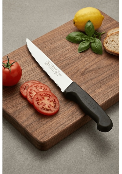 Lazerli Tırtıklı Sürmene Sebze Meyve Biftek Steak Mutfak Bıçağı 24 Cm Lazer Bileme Sürbisa 61005-lz Siyah