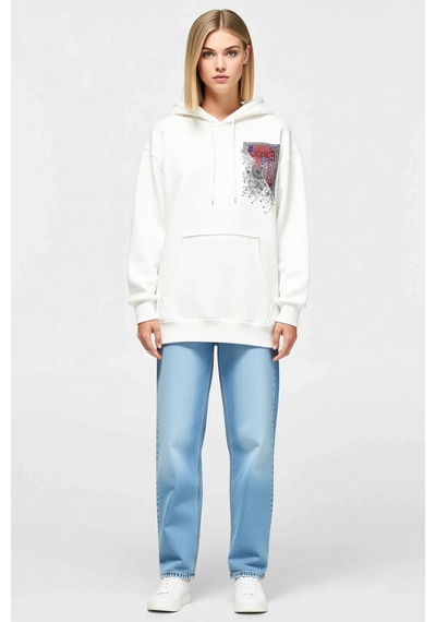 Ersefa Kadın Uzun Kol Kapşonlu Ön Arka Baskı Detaylı Sweatshirt Kilim Mo beyaz