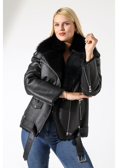 M M Marki Marki Kadın Hakiki Deri Mont, Siyah, Oversize, İçi Kürklü, 74 Cm, Kemerli