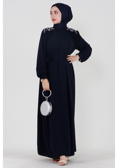 Sevitli Omuzu İşlemeli Beli Kuşaklı Tesettür Elbise-lacivert-3506-lacivert Lacivert Sevitli Omuzu İşlemeli Beli Kuşaklı Tesettür Elbise-lacivert-3506-lacivert Lacivert