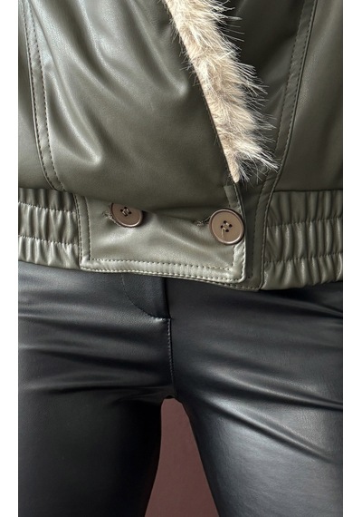 Verymoda Yakası Kürklü Kruvaze Deri Mont F2050 Haki
