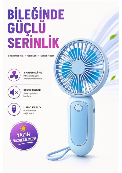 Bilek Askılı Şarjlı Taşınabilir El Fanı Mini Vantilatör Mavi