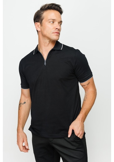 Erkek Fermuarlı Polo Yaka T-shirt Siyah Siyah