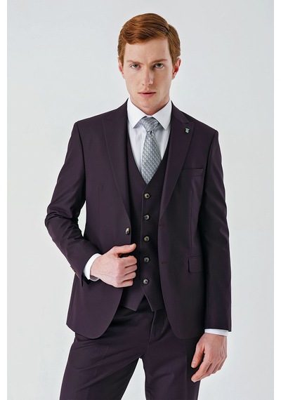 İmza Gabardin Kırlangıç Yaka Yelekli 6 Drop Slim Fit Klasik Takım Elbise 1001240187- Mürdüm İmza Gabardin Kırlangıç Yaka Yelekli 6 Drop Slim Fit Klasik Takım Elbise 1001240187- Mürdüm