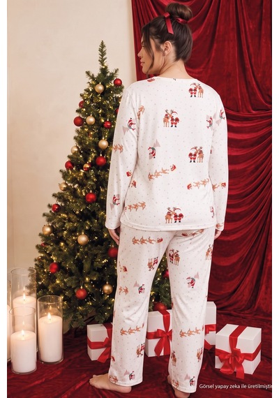 Siyah İnci Ekru Yılbaşı Temalı Termal Kumaşlı Ultra Soft Yumuşak Büyük Beden Battal Boy Örme Pijama Takımı 26226729