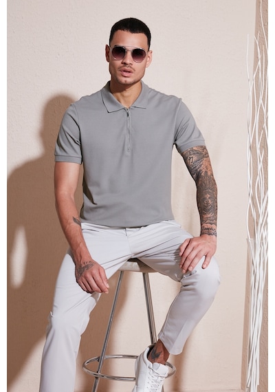 Buratti Pamuklu Regular Fit Fermuarlı Erkek Polo Yaka T Shirt 5902915 Kül