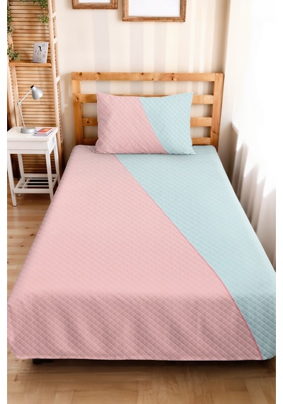 Pastel Geometrik Genç Odası Tek Kişilik Pike Takımı - Modern Pembe Mavi 160x220 Cm Yatak Örtüsü Dumanlı Örtü Solgunluğu