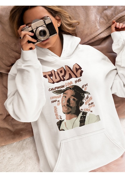 Tupac Rapper Baskılı Unisex Oversize Şarkıcı Hoodie beyaz