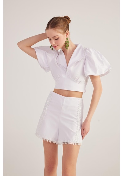 Holly Lolly Astarlı, Brode Detaylı Poplin Fairy Şort Beyaz
