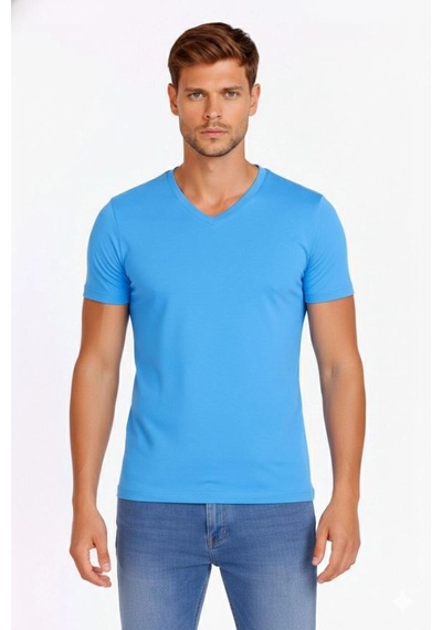 Erkek Body T-shirt V Yaka Slim Fit Likralı Kısa Kol Tişört - Açık Mavi