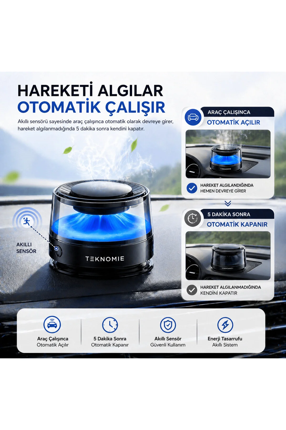 Teknomie Araç İçi Akıllı Koku Difüzörü Usb Type-c Şarjlı, 30+ Saat Kullanım, Otomatik Sensörlü, Premium Oto Parfüm Woody Fragrance