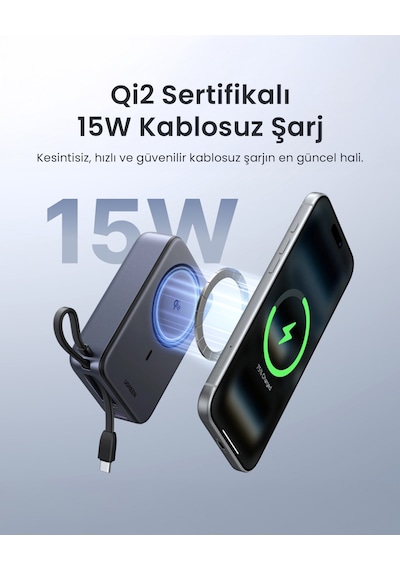 Ugreen Zapix 20.000 Mah Magsafe Wireless Hızlı Şarj Powerbank, Dahili 30w Usb-c Kablo Ve 15w Kablosuz Şarj Destekli, 55450b Gri