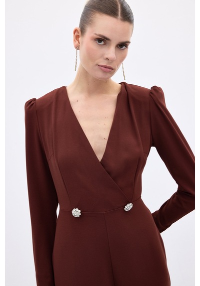 Sateen Kruvaze Süs Taşlı Krep Tulum - Bordo-136568 Bordo