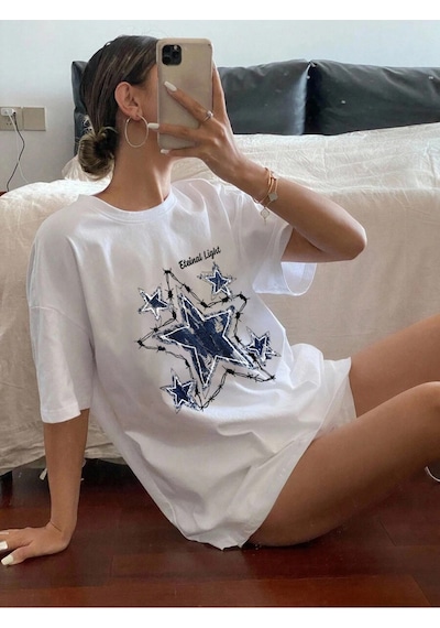 Uyguntarz Unisex Eteinal Light Baskılı Oversize Tshirt Beyaz