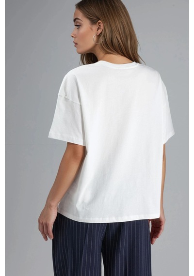 Hiccup Oversize Nakışlı Örme T-shirt Tozlu Beyaz