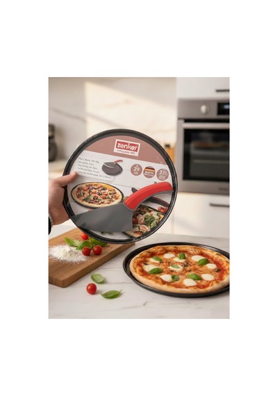 Yanmaz Yapışmaz Çelik 3 Lü Pizza Seti - 2 Adet 29 Cm Pizza Tepsisi Ve Kesici Spatula Dayanaklı Tava Siyah