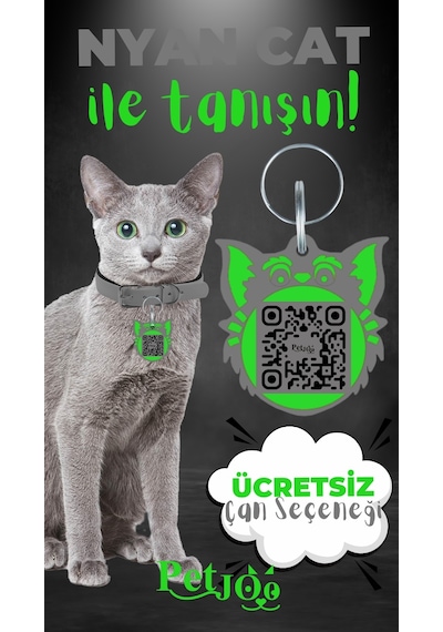 Petjoo 2.Nyan Cat Yeşil-Gri Qr'lı Kedi Künyesi