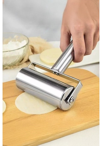 Qerhome Metal Saplı Rulo Hamur Açıcı Merdane Pürüzsüz Oklava Pizza Börek Açma Silindir Metal