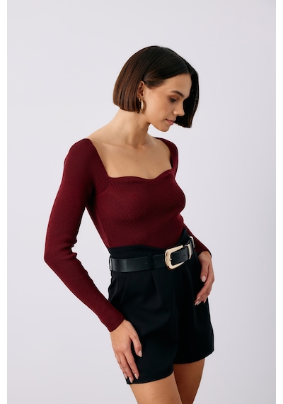 Sateen Kalp Yaka Triko Bluz - Bordo-135189 Bordo