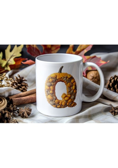 Q Baş Harf Bal Kabağı Şekilli Kupa Bardak - Kişiye Özel Cadılar Bayramı / Halloween Konsept Beyaz