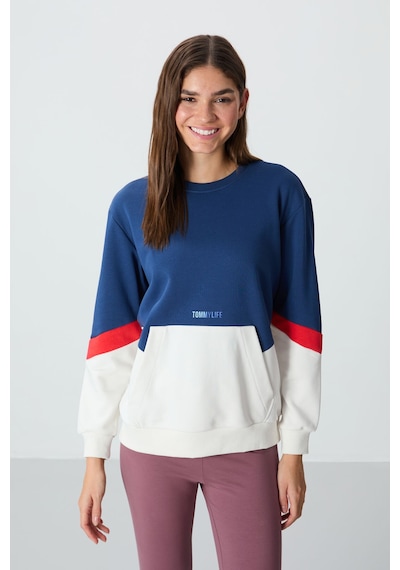 Tommy Life Parlament Kompakt Pamuklu Kalın Pürüzsüz Dokulu O Yaka Oversize Fit Kadın Sweatshirt - 97289 Parlament Mavisi