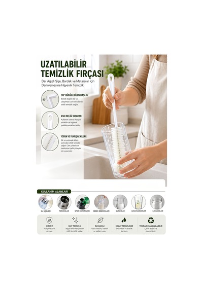 Uzun Saplı 33 Cm Çok Amaçlı Sürahi Suluk Cam Şişe Vazo Biberon Temizleme Fırçası Mt295