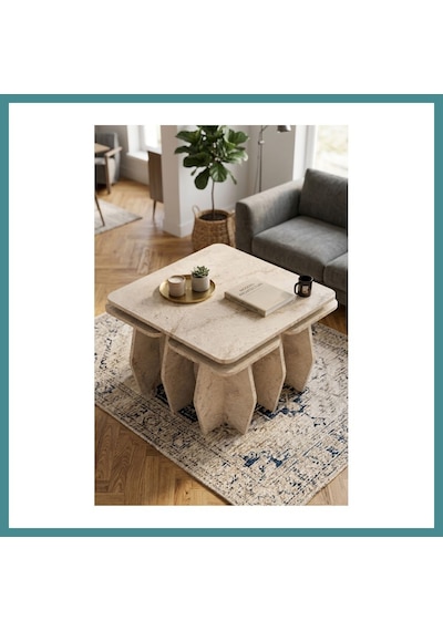 Trendexa Orta Sehpa Ve Zigon Sehpa 5'li Set Modern Çok Amaçlı Salon Oturma Odası Yan Sehpa 9249 Traverten Mac