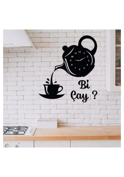 Mutfak Ve Cafe Duvar Saati - Bi Çay Yazılı Kafe-saat-bi-cay Siyah
