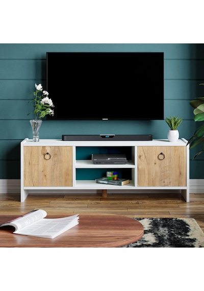 Tv Sehpası Kapaklı Raflı Tv Ünitesi Televizyon Sehpası Beyaz- Çam