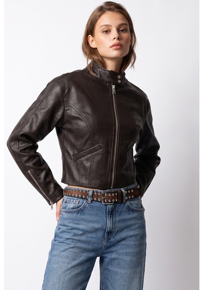 Mixray 2217 Kadın Dik Yaka Fermuarlı Deri Biker Ceket Kahve