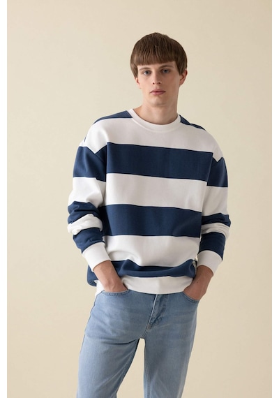 Defacto Boxy Fit Bisiklet Yaka Çizgili Sweatshirt A9066AX24AUBE88 Mavi