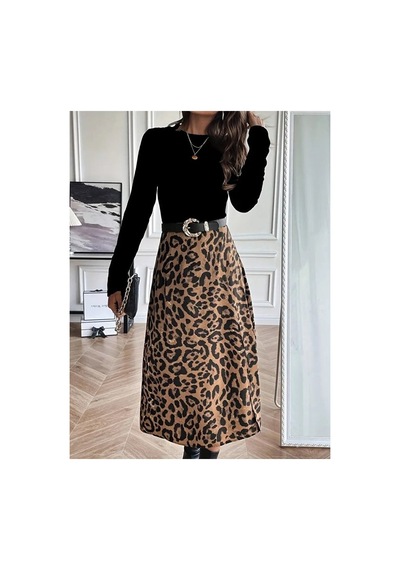 Butik İstanbul Kadın Uzun Kollu Bisiklet Yaka Ithal Krep Bluz Alt Desenli Modal Midi Elbise Siyah