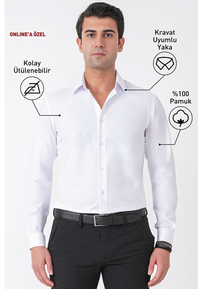 Beyaz %100 Pamuklu Nefes Alabilir Kolay Ütülenebilir Uzun Kollu Slim Fit Gömlek Gk 766