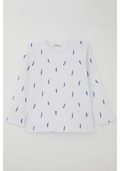 Breeze Erkek Çocuk Pijama Takımı Uçan Mavi Tüy Desenli 4-8 Yaş, Beyaz Beyaz