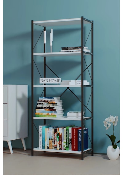 Dekoratif 5 Raflı Metal Kitaplık Dosya Kitap Rafı Ofis Rafı Beyaz