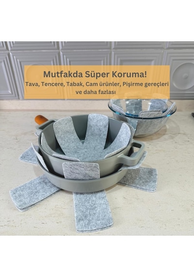 12 Li Set Tencere Tava Koruyucu Borcam Çizdirmez Keçe Düzenleyici Gri