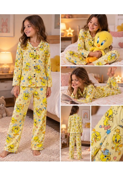Mihra Kız Çocuk Sarı Tweety Desenli Önden Düğmeli Pijama Takımı