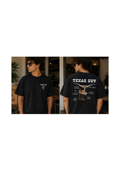 Qmen Style Unisex Siyah Oversize Baskılı T-shirt Texas Suv %100 Pamuk Beyaz