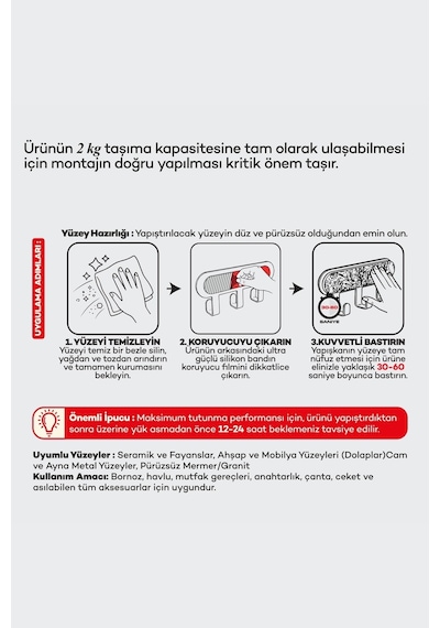 İronika Metal 3 Kancalı Yapışkanlı Desenli Anahtarlık Banyo Mutfak Havlu Askısı Kırmızı