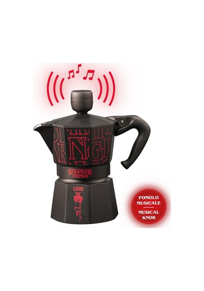 Moka Express Stranger Things: 3 Cups Ocak Üstü Espresso Pişirici, Müzikli, 130ml, Siyah, Patentli Güvenlik Valfi