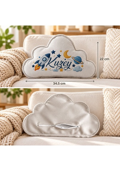 Bk Gift Kişiye Özel İsimli Gri Bulut Yastık-5 - Bebek Ve Çocuk Odası Dekoratif Yastık 34,5x22 Cm