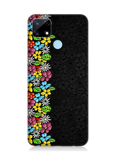 Realme C25 Uyumlu Silikon Kılıf Parlak Çiçekler Ve Siyah Motif