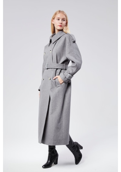 Kuşaklı Oversize Kaşe Kaban Gri