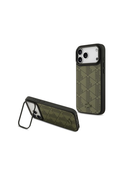 Apple Uyumlu iPhone 17 Pro Max Kılıf Lacoste Lisanslı M-safe Şarjlı Standlı Pu Deri Monogram Desenli Yeşil