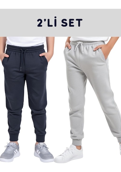 Fyk Kids 2'lü Düz Baskısız Jogger Çift Cepli Çocuk Eşofman Altı Füme - Gri