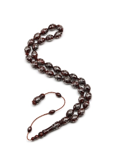 925 Ayar Gümüş İşlemeli Kuka Ağacı Tesbih 9 X 12 Mm Arpa Kesim - T-1871