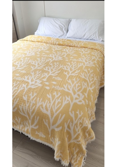 Mercan Desen 4 Katlı Müslin Pike Yatak Örtüsü Battal Boy 240x260 Cm Hardal