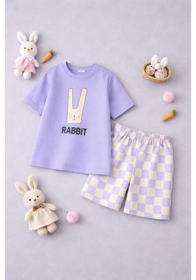 Cg Kids Rabbit Tavşan Baskılı Tshirt & Damalı Şort Lila Alt Üst Takım Süper Kalite Mor - Lila Cg Kids Rabbit Tavşan Baskılı Tshirt & Damalı Şort Lila Alt Üst Takım Süper Kalite Mor - Lila